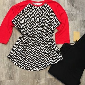 LuLaRoe L Randy baseball T, funky black white red